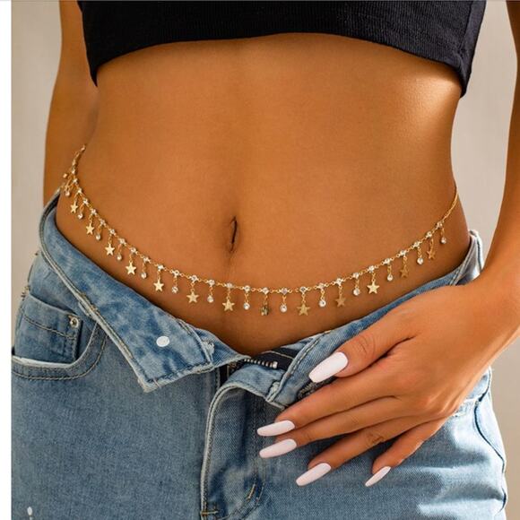 Belly Chain Waist Chain Gold Tone NEW Stars Rhinestones - Picture 1 of 5